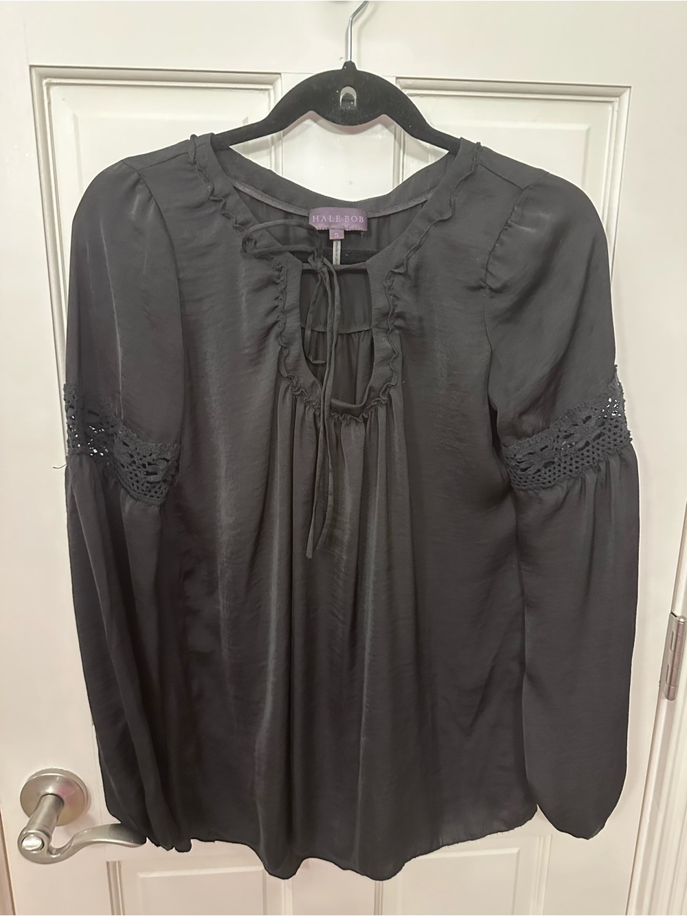 Hale Bob Black Tie-Front Crochet Sleeve Blouse